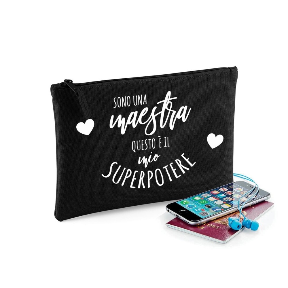 Pochette/astuccio "Sono una maestra questo è il mio superpotere" personalizzata con nome