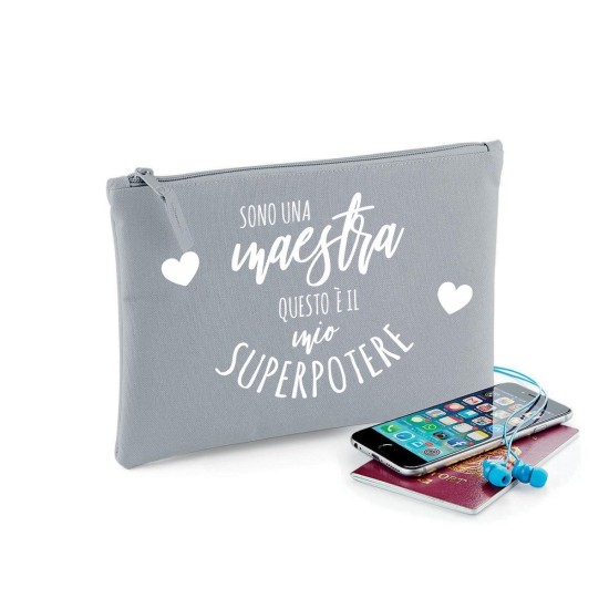 Pochette/astuccio "Sono una maestra questo è il mio superpotere" personalizzata con nome