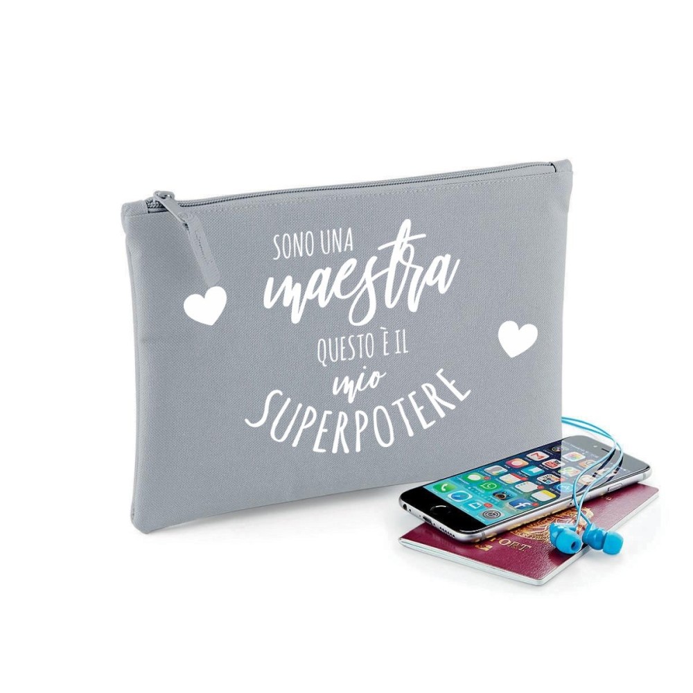 Pochette/astuccio "Sono una maestra questo è il mio superpotere" personalizzata con nome