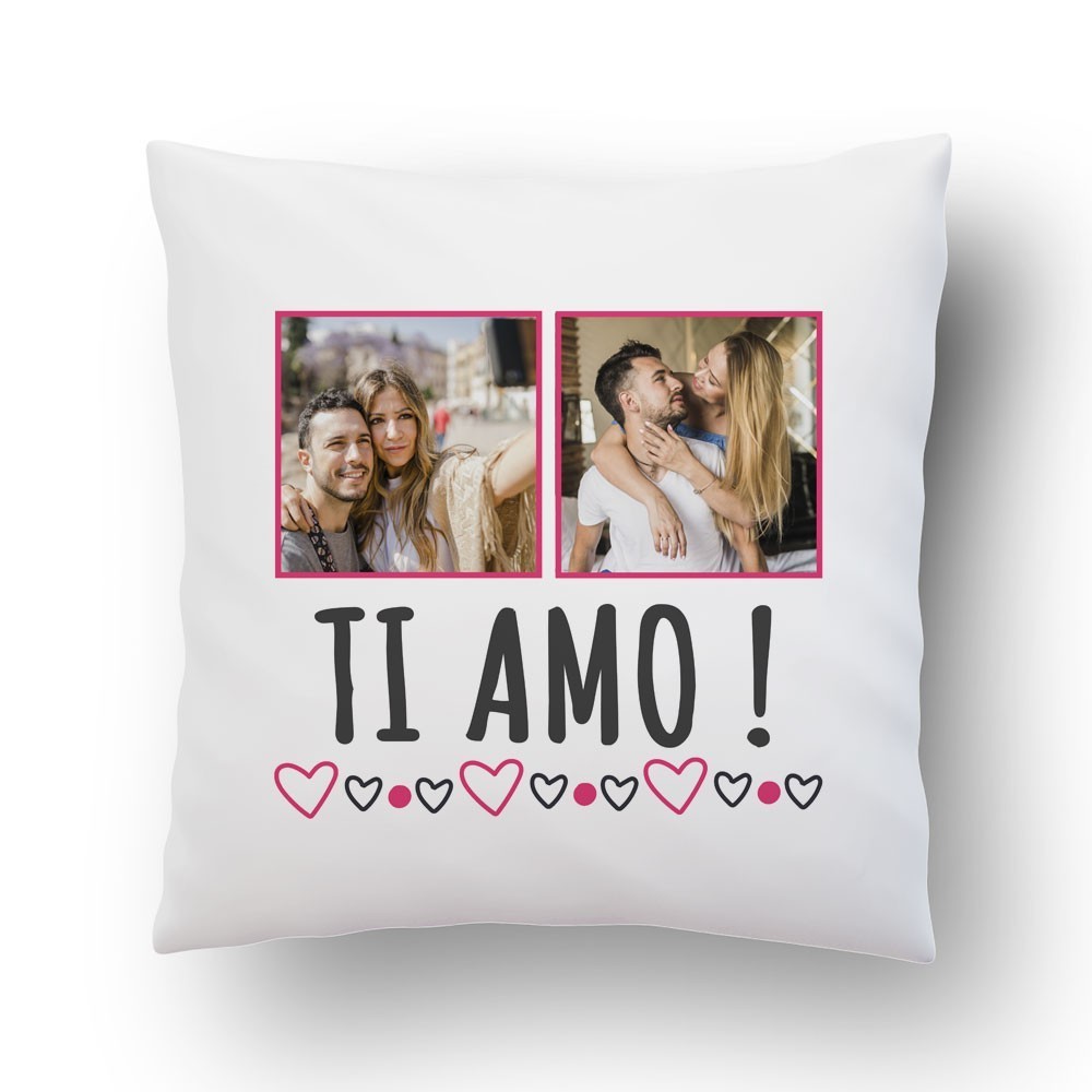 Cuscino TI AMO con 2 foto personalizzate