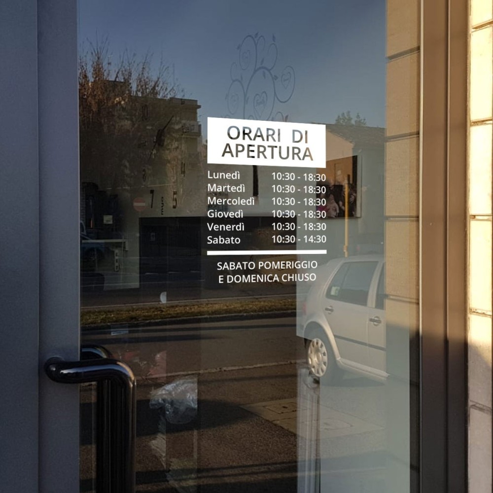 Orario apertura adesivo personalizzato per la vetrina del tuo negozio / attività Tipo2