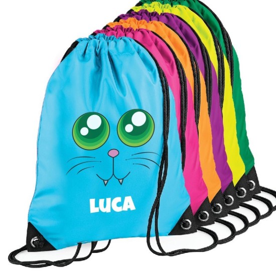 Sacca zainetto per bambini per la scuola materna, asilo nido o scuola, personalizzato con gattino e nome