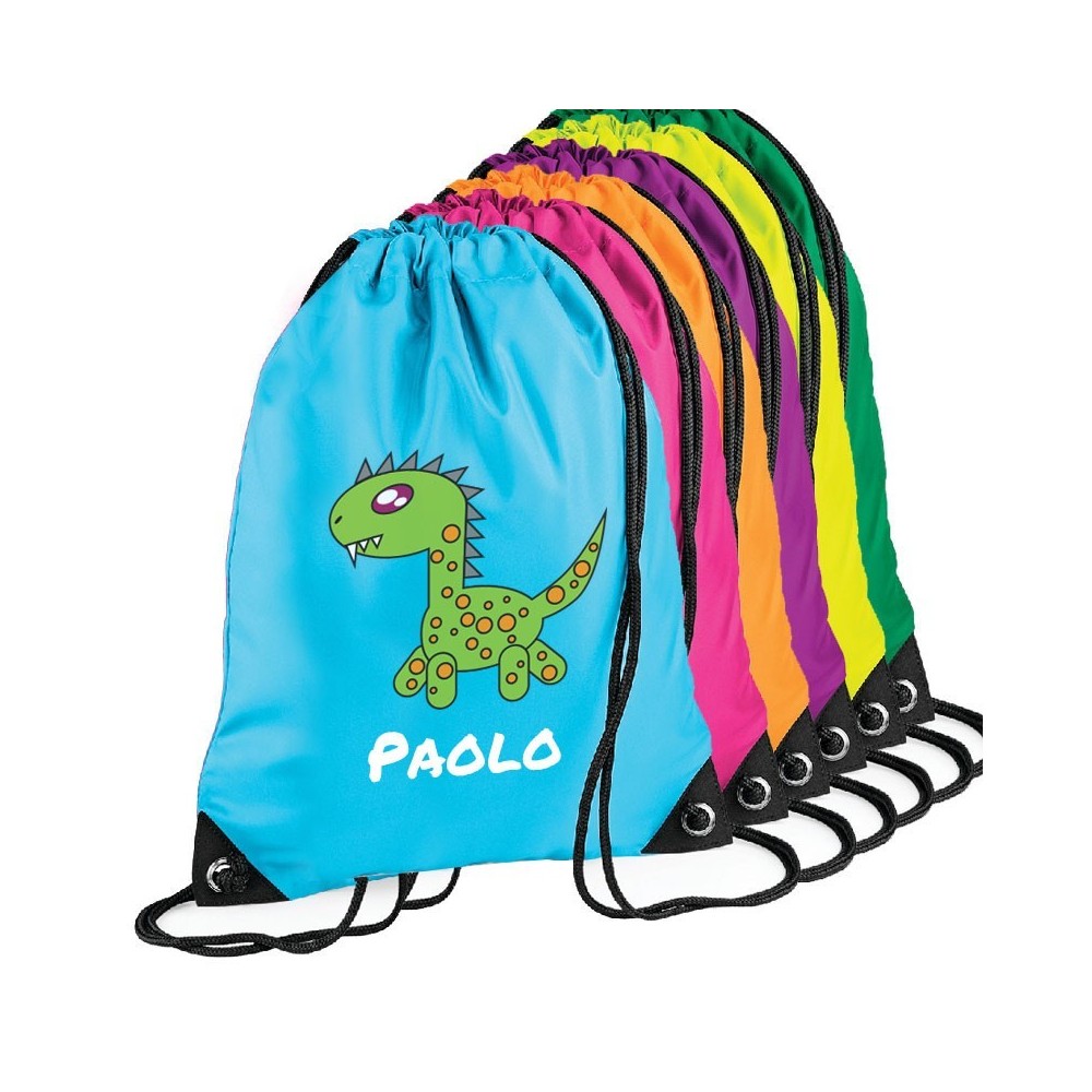 Sacca zainetto per bambini per la scuola materna o asilo nido, personalizzata con dinosauro e nome