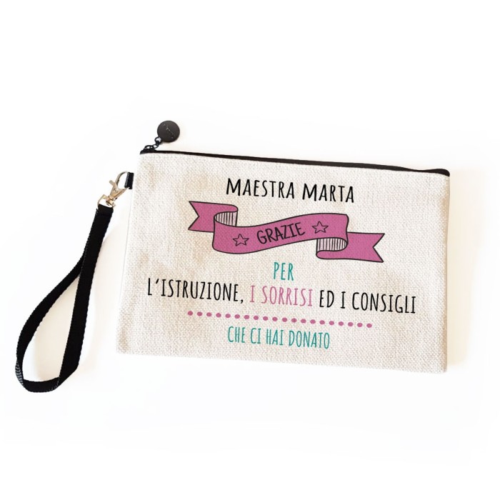 Pochette/astuccio per la maestra "Grazie per l'istruzione" con nome maestra e classe/nomi bambini