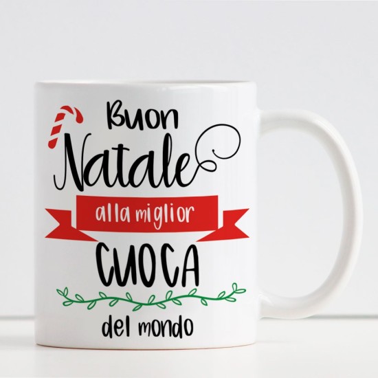 Tazza personalizzata "Buon Natale alla miglior cuoca del mondo" con nome cuoca e classe