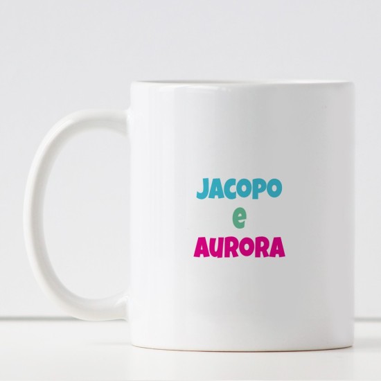 Tazza per la zia "Zia ti vogliamo bene" personalizzata con nome della zia e nomi/nome nipoti sul retro