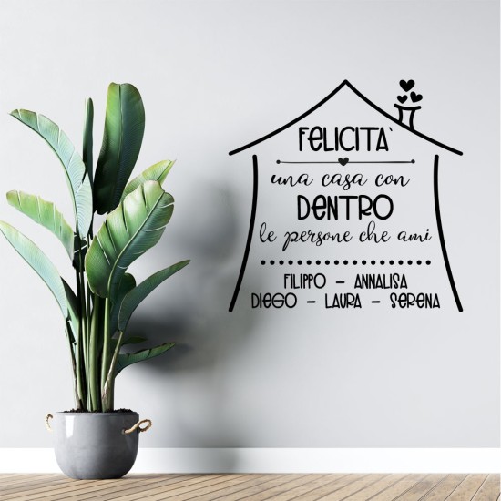 Adesivo murale wallsticker famiglia "Felicità : una casa con dentro le persone che ami" personalizzato con nomi