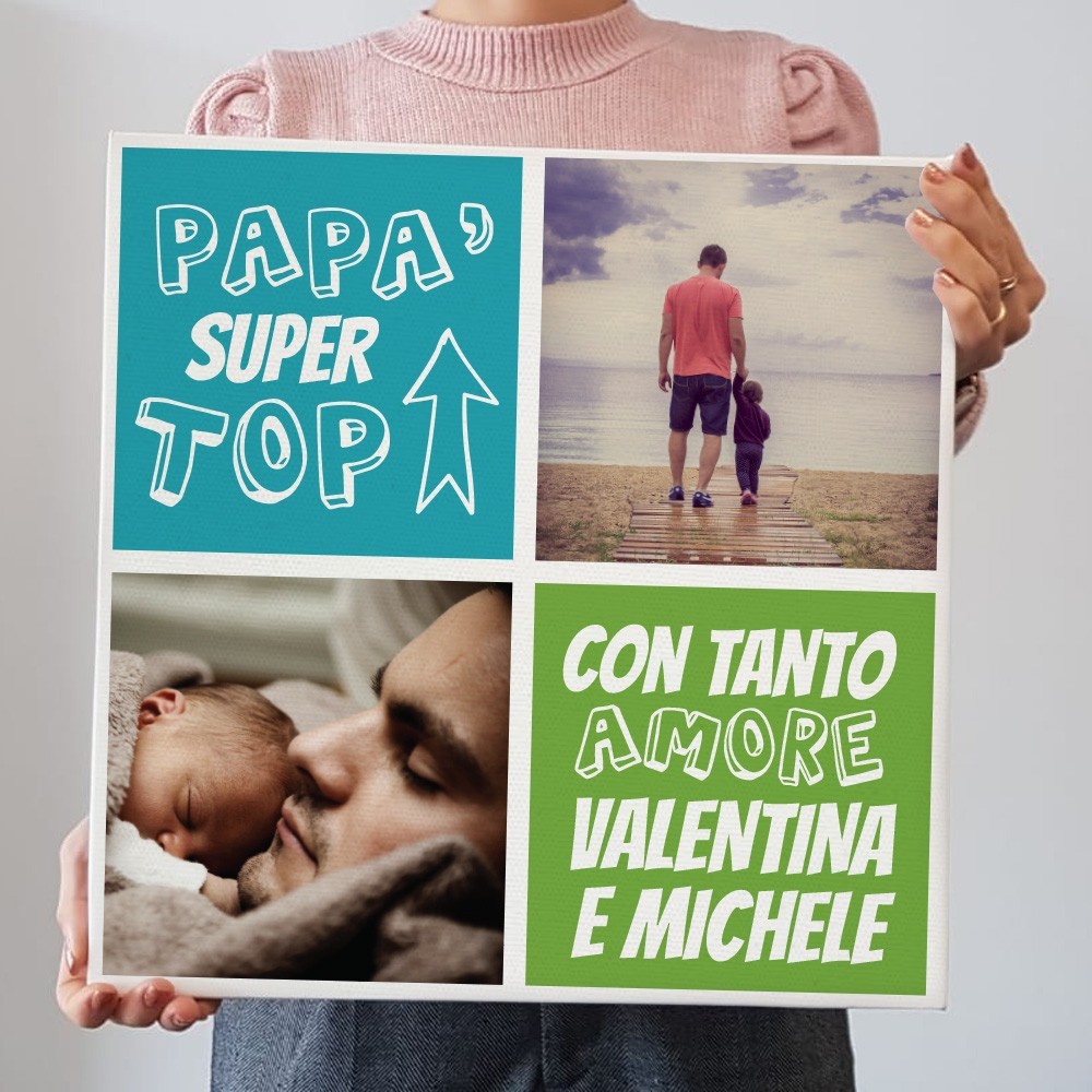Quadro in tela canvas per il papà super top, personalizzato con due foto e nome