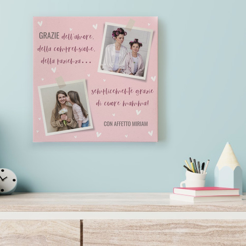 Quadro in tela canvas per la mamma, personalizzato con 2 foto, dedica o nome