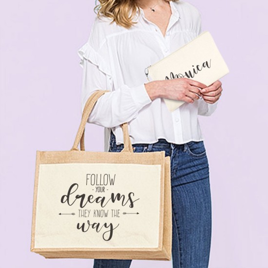 Borsa Shopper multiuso personalizzata  "Follow your dreams, they know the way" abbinata alla pochette con il nome