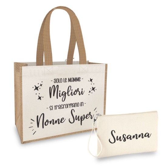 Borsa Shopper personalizzata regalo per una nonna Super, e pochette con nome