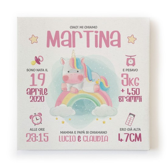 Quadro regalo nascita in tela canvas , personalizzato con unicorno,nome e dati della nascita