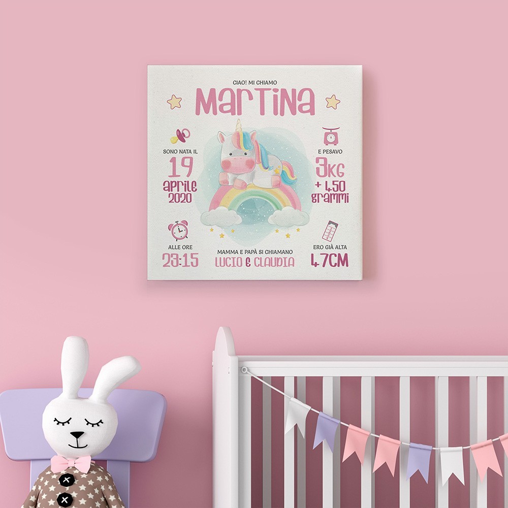 Quadro regalo nascita in tela canvas , personalizzato con unicorno,nome e dati della nascita