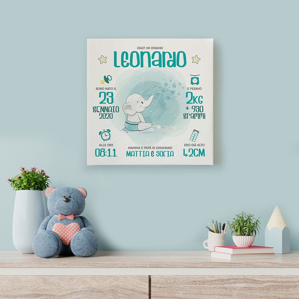 Quadro regalo nascita in tela canvas , personalizzato con elefante,nome e dati della nascita