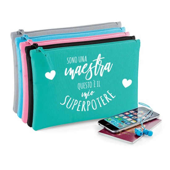 Pochette/astuccio "Sono una maestra questo è il mio superpotere" personalizzata con nome