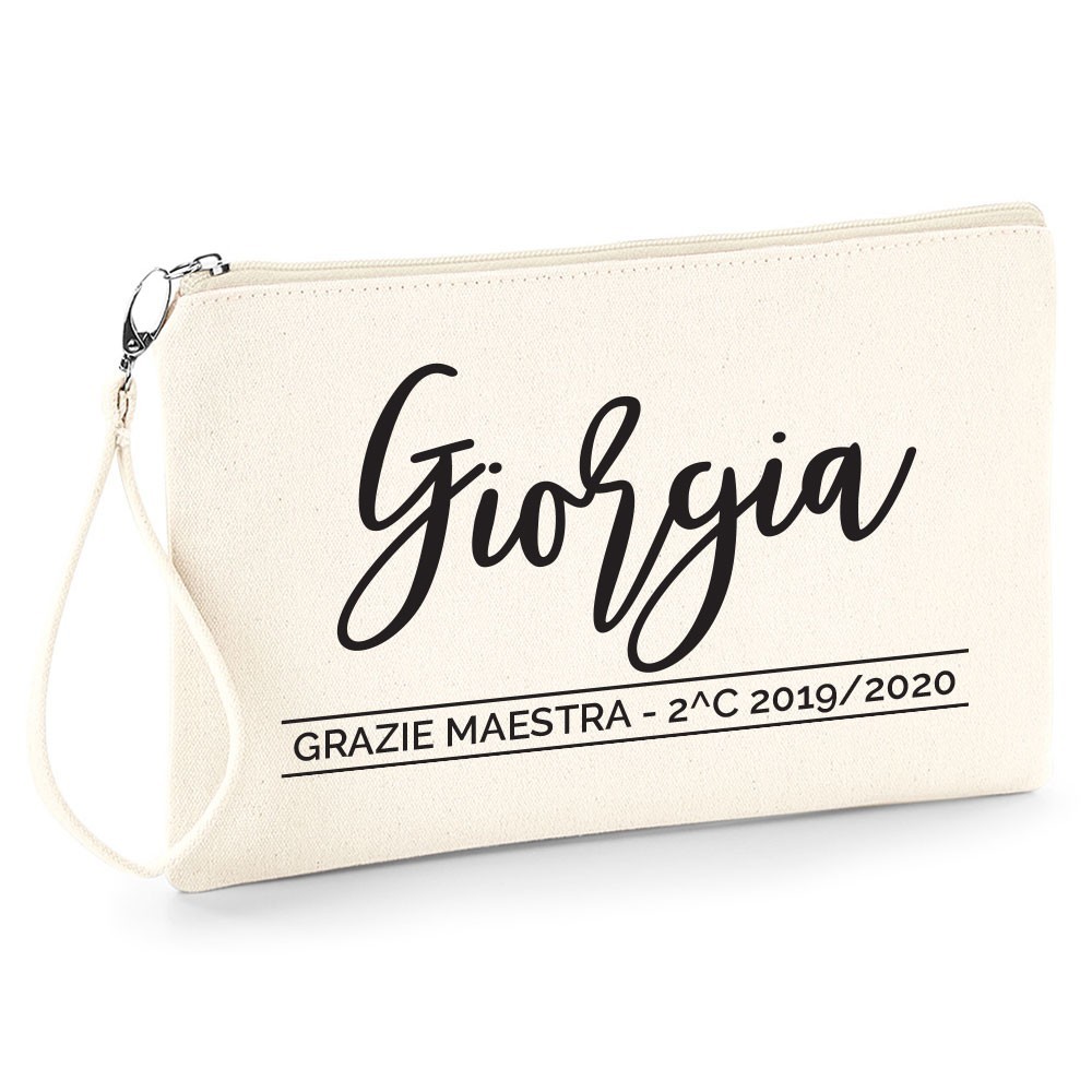 Pochette personalizzata con il nome della maestra e frase o hashtag