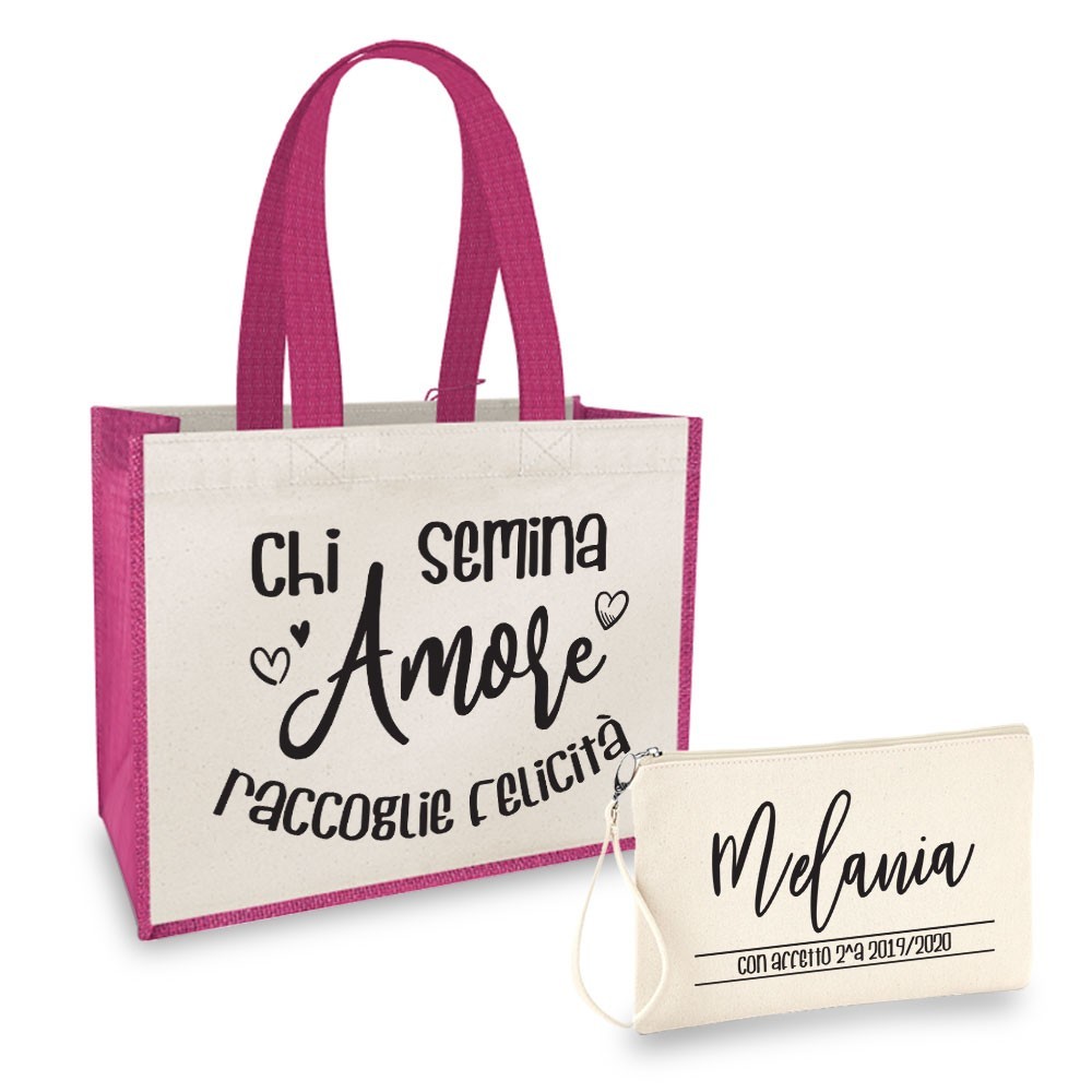 Borsa Shopper personalizzata regalo maestra, abbinata a pochette con nome e classe