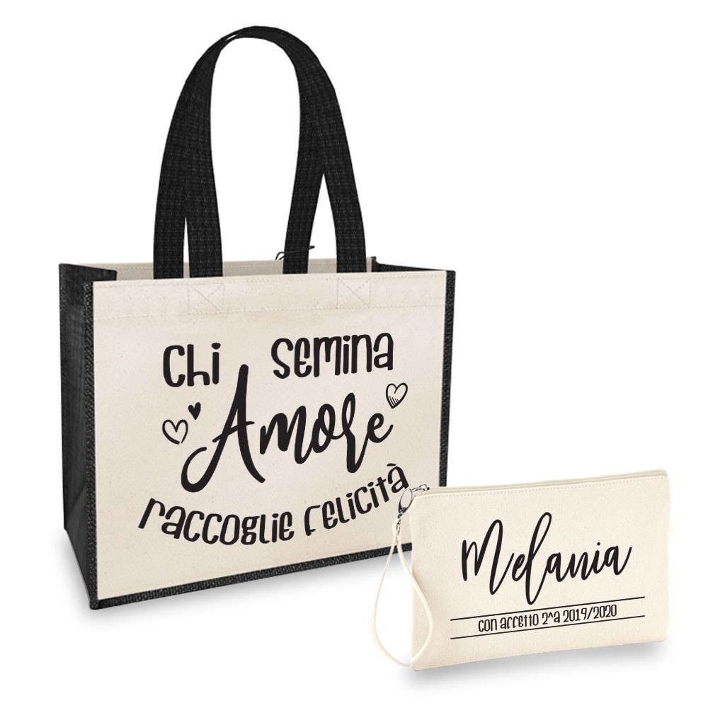 Borsa Shopper personalizzata regalo maestra, abbinata a pochette con nome e classe