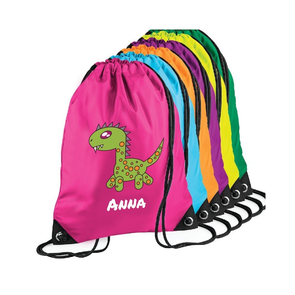 Sacca zainetto per bambini per la scuola materna o asilo nido, personalizzata con dinosauro e nome