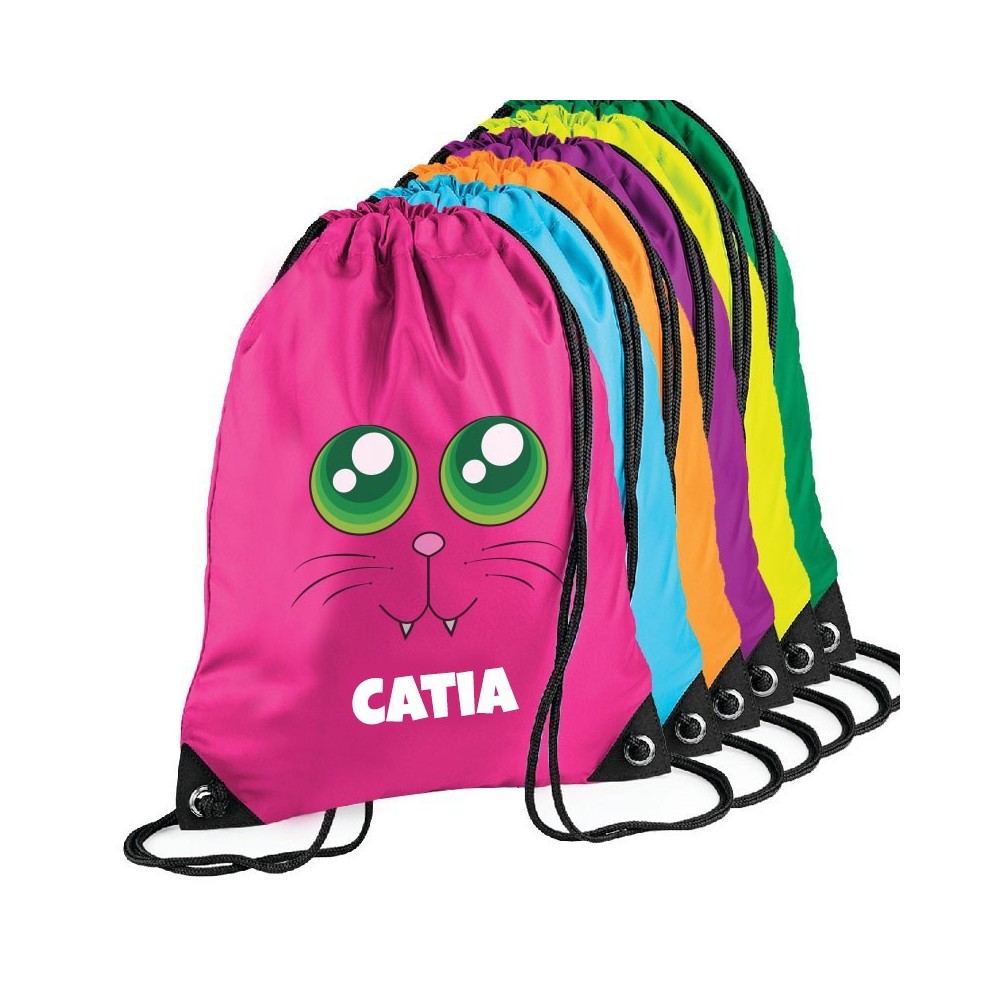 Sacca zainetto per bambini per la scuola materna, asilo nido o scuola, personalizzato con gattino e nome