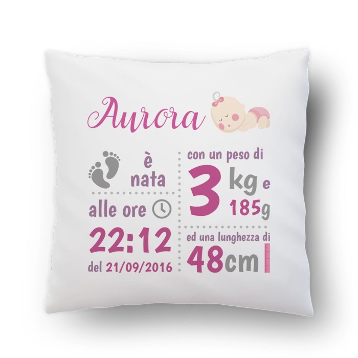 Cuscino regalo nascita personalizzato con il nome e dati della nascita
