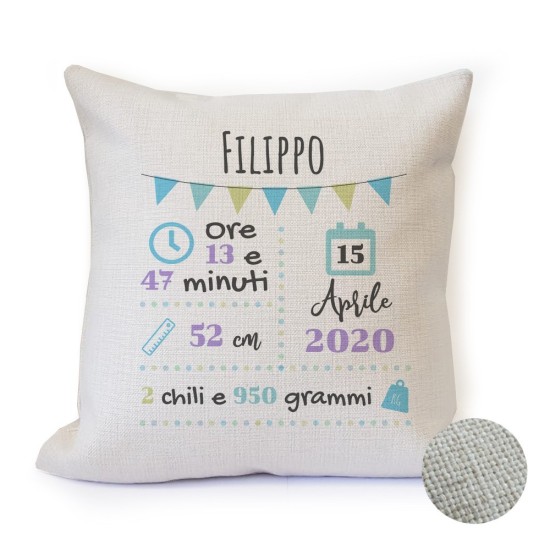 Cuscino canvas regalo nascita personalizzato con il nome e dati della nascita