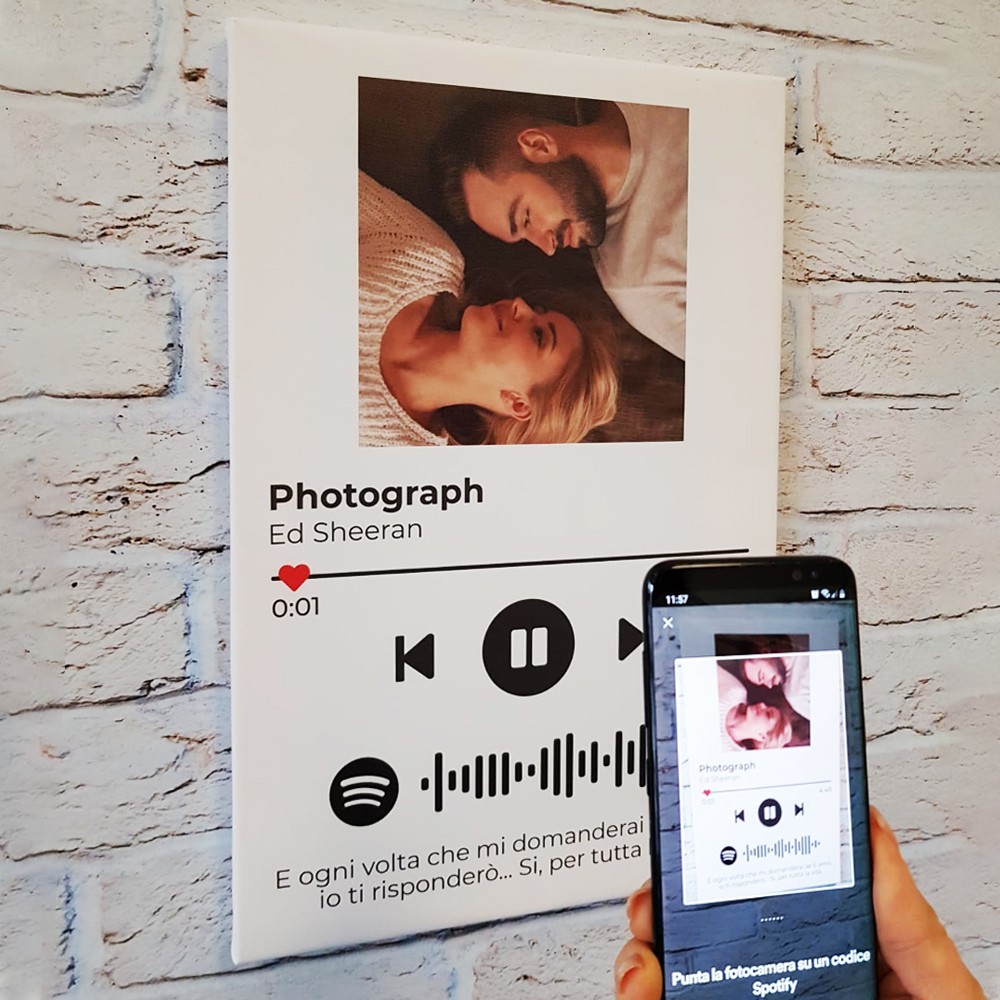 Quadro in tela Spotify con canzone scansionabile, foto e frase