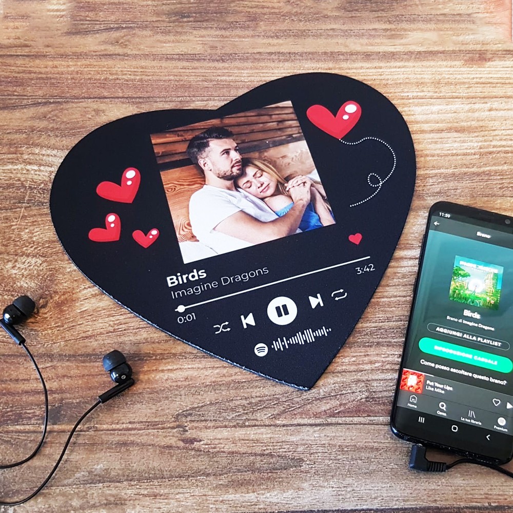 Tappettino mouse pad cuore personalizzato con codice spotify e foto