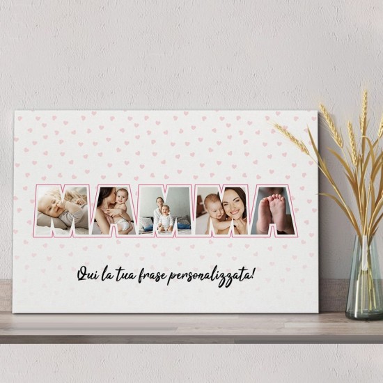 Quadro in tela canvas regalo personalizzato per la mamma con foto e dedica, sfondo cuori