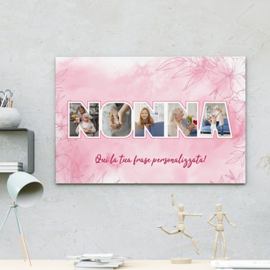 Quadro personalizzato, regalo per la nonna, con foto e dedica, in tela canvas e motivo floreale