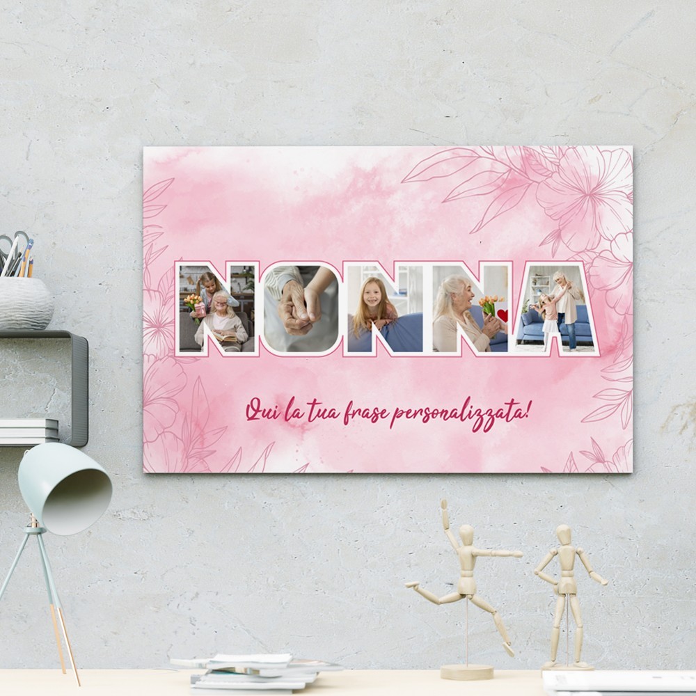 Quadro personalizzato, regalo per la nonna, con foto e dedica, in tela canvas e motivo floreale