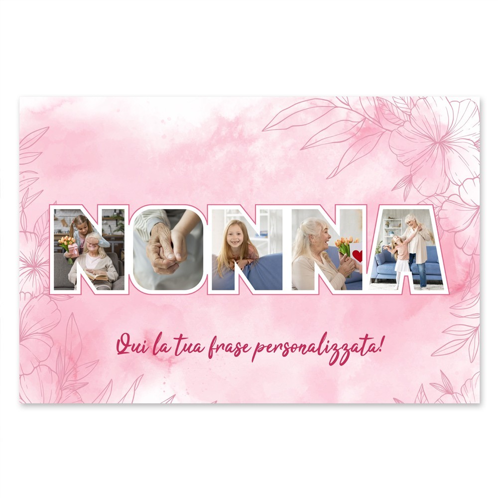 Quadro personalizzato, regalo per la nonna, con foto e dedica, in tela canvas e motivo floreale