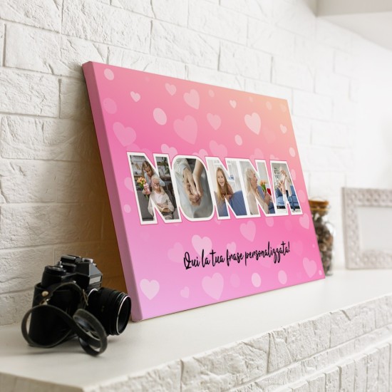 Quadro personalizzato, regalo per la nonna con foto e dedica, in tela canvas con tanti cuoricini
