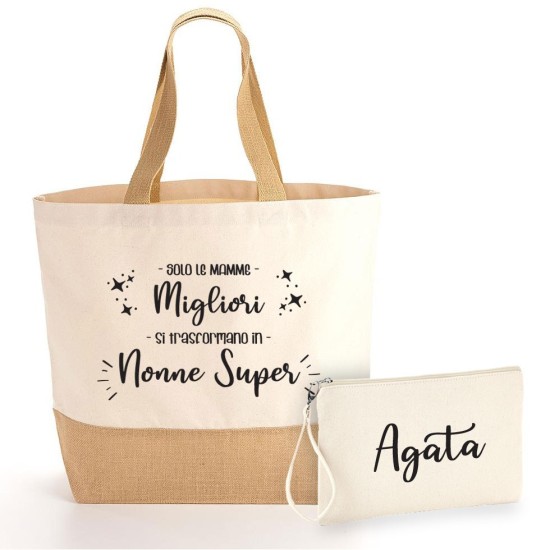 Borsa Shopper e pochette regalo personalizzato per la nonna SUPER, in cotone e juta