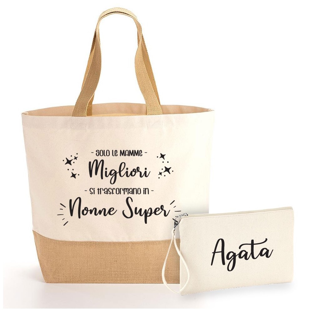 Borsa Shopper e pochette regalo personalizzato per la nonna SUPER, in cotone e juta