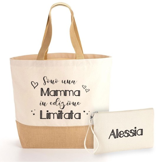 Borsa Shopper e pochette regalo per mamma in edizione limitata in cotone e juta