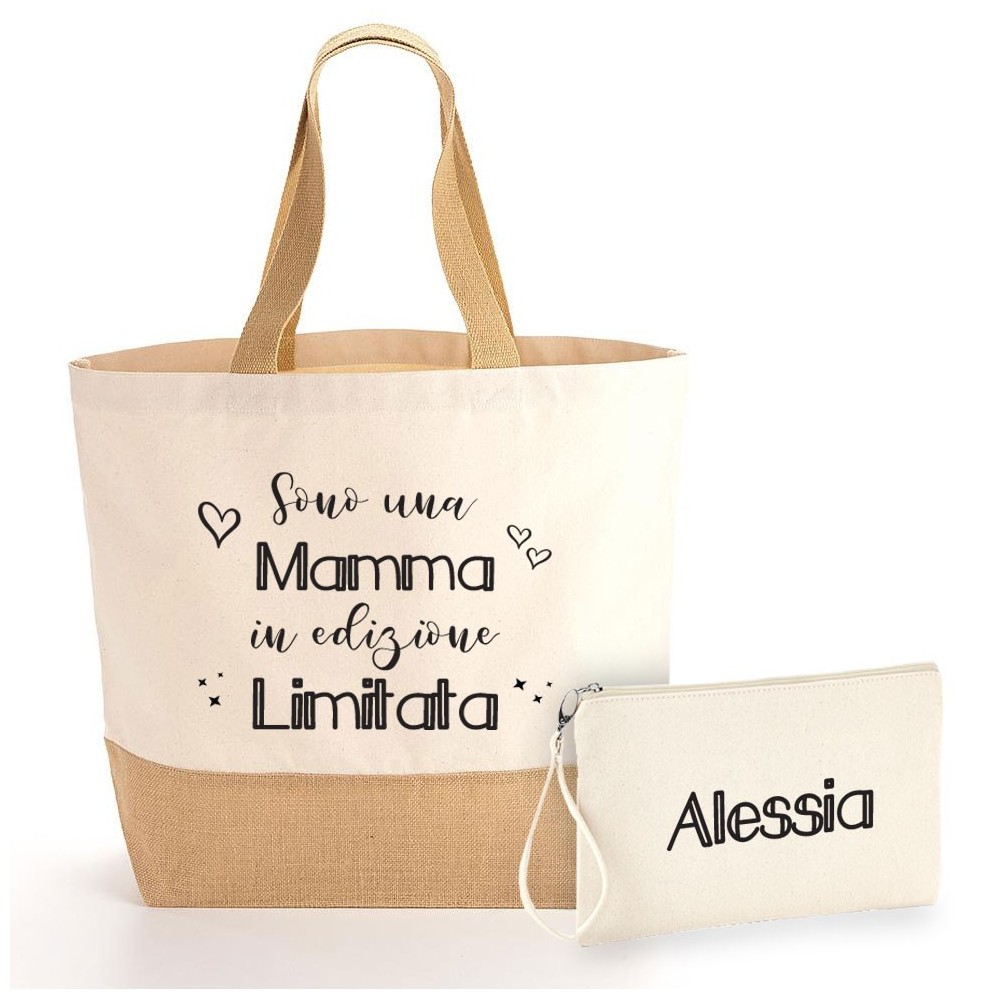 Borsa Shopper e pochette regalo per mamma in edizione limitata in cotone e juta
