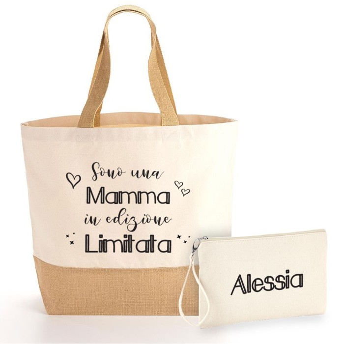 Borsa Shopper e pochette regalo per mamma in edizione limitata in cotone e juta