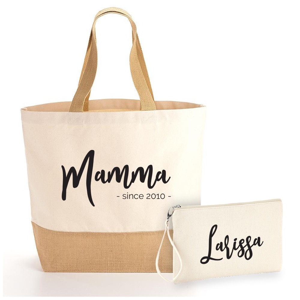 Borsa Shopper e pochette personalizzata per la mamma, in cotone e juta