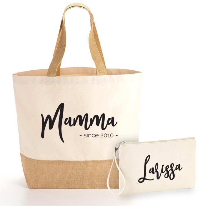Borsa Shopper e pochette personalizzata per la mamma, in cotone e juta