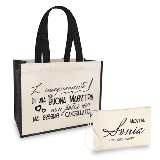 Borsa Shopper personalizzata regalo maestra, abbinata a pochette con nome e classe