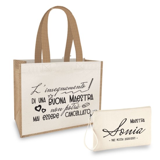 Borsa Shopper personalizzata regalo maestra, abbinata a pochette con nome e classe