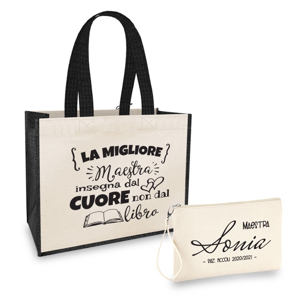 Borsa Shopper personalizzata regalo maestra, abbinata a pochette con nome e classe