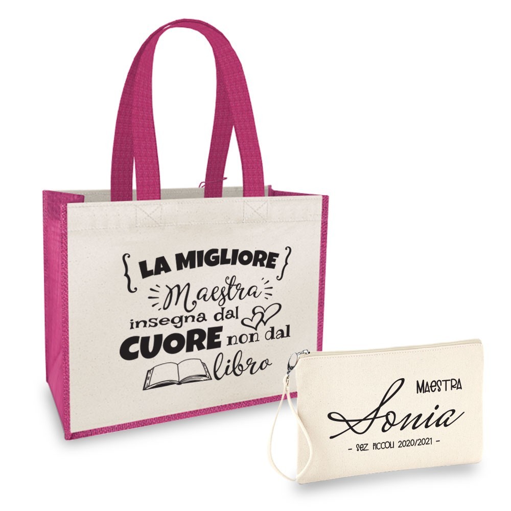Borsa Shopper personalizzata regalo maestra, abbinata a pochette con nome e classe