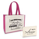 Borsa Shopper personalizzata regalo maestra, abbinata a pochette con nome e classe