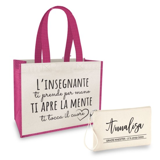 Borsa Shopper personalizzata regalo maestra, abbinata a pochette con nome e classe