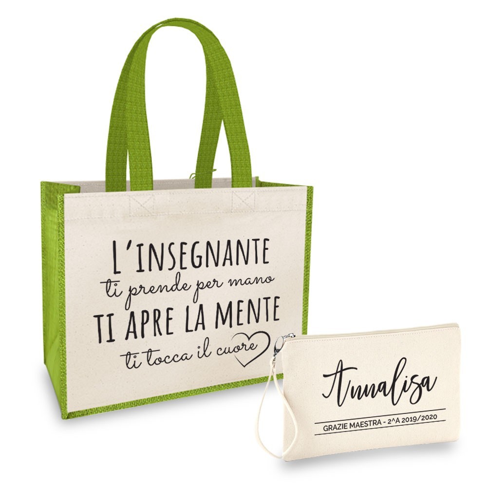 Borsa Shopper personalizzata regalo maestra, abbinata a pochette con nome e classe