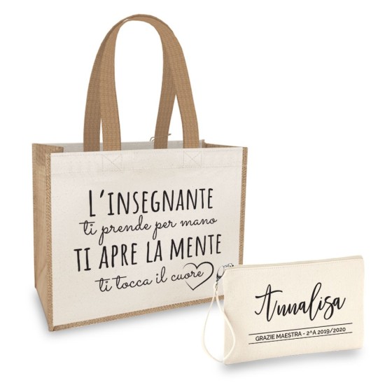Borsa Shopper personalizzata regalo maestra, abbinata a pochette con nome e classe