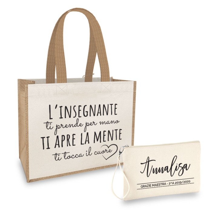 Borsa Shopper personalizzata regalo maestra, abbinata a pochette con nome e classe