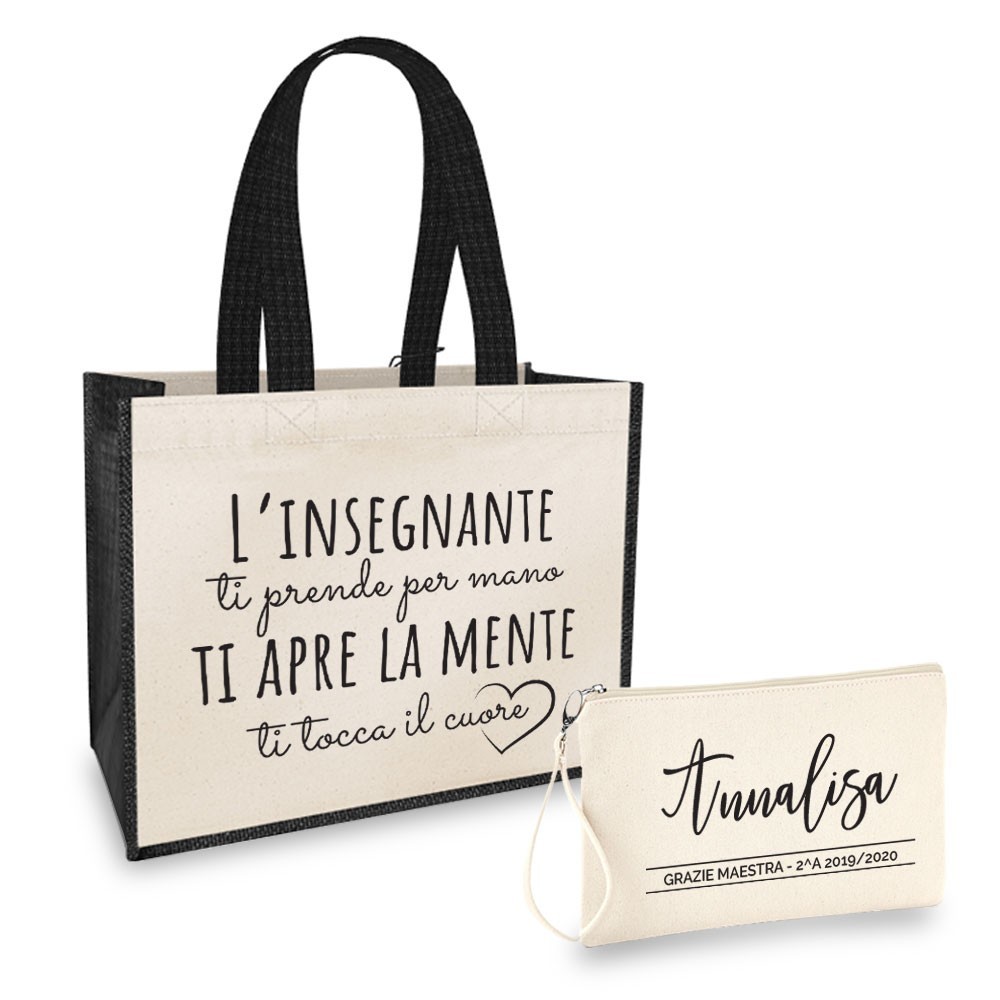 Borsa Shopper personalizzata regalo maestra, abbinata a pochette con nome e classe